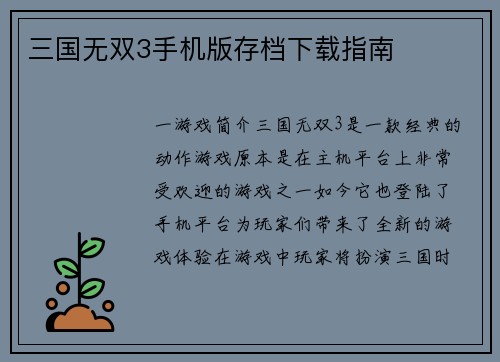 三国无双3手机版存档下载指南